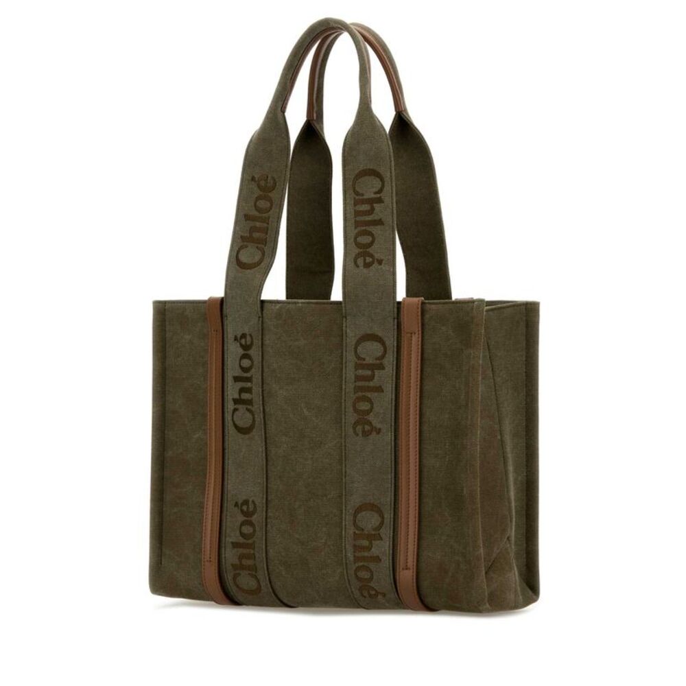 Chloe Women Khaki Canvas Medium Woody Shopping Bag - Picture 2 of 2